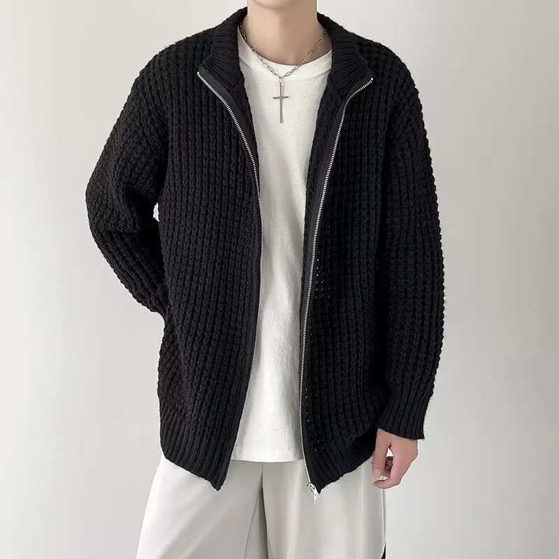 Men's thickened cardigan coat in black with loose fit and rabbit hair blend fabric, front view