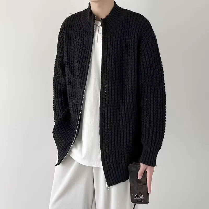 Men's thickened cardigan coat in black with loose fit and rabbit hair blend fabric, front view
