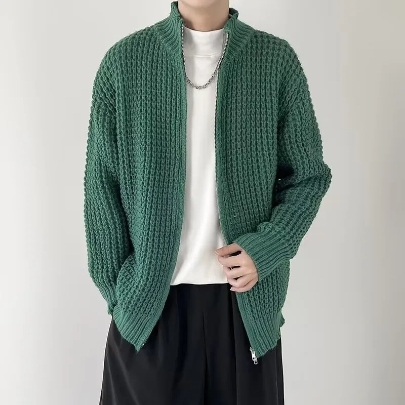 Men's thickened cardigan coat in black with loose fit and rabbit hair blend fabric, front view