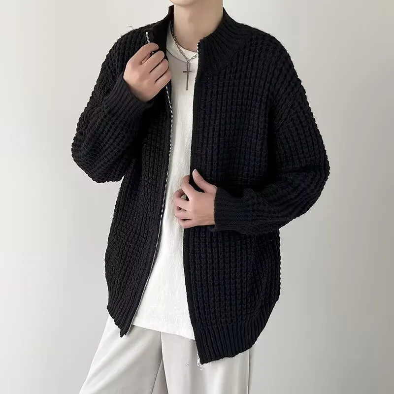 Men's thickened cardigan coat in black with loose fit and rabbit hair blend fabric, front view