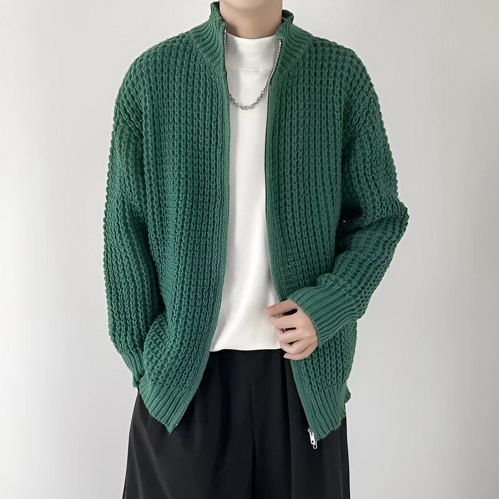 Men's thickened cardigan coat in black with loose fit and rabbit hair blend fabric, front view
