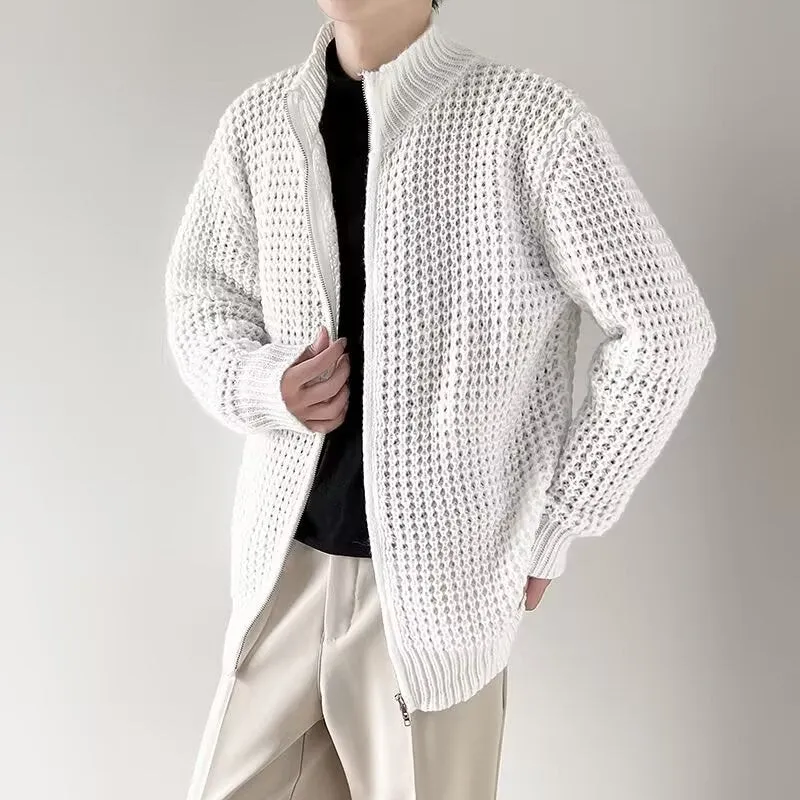 Men's thickened cardigan coat in black with loose fit and rabbit hair blend fabric, front view