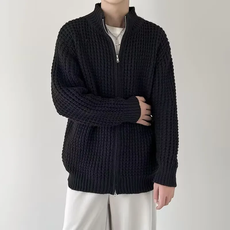 Men's thickened cardigan coat in black with loose fit and rabbit hair blend fabric, front view