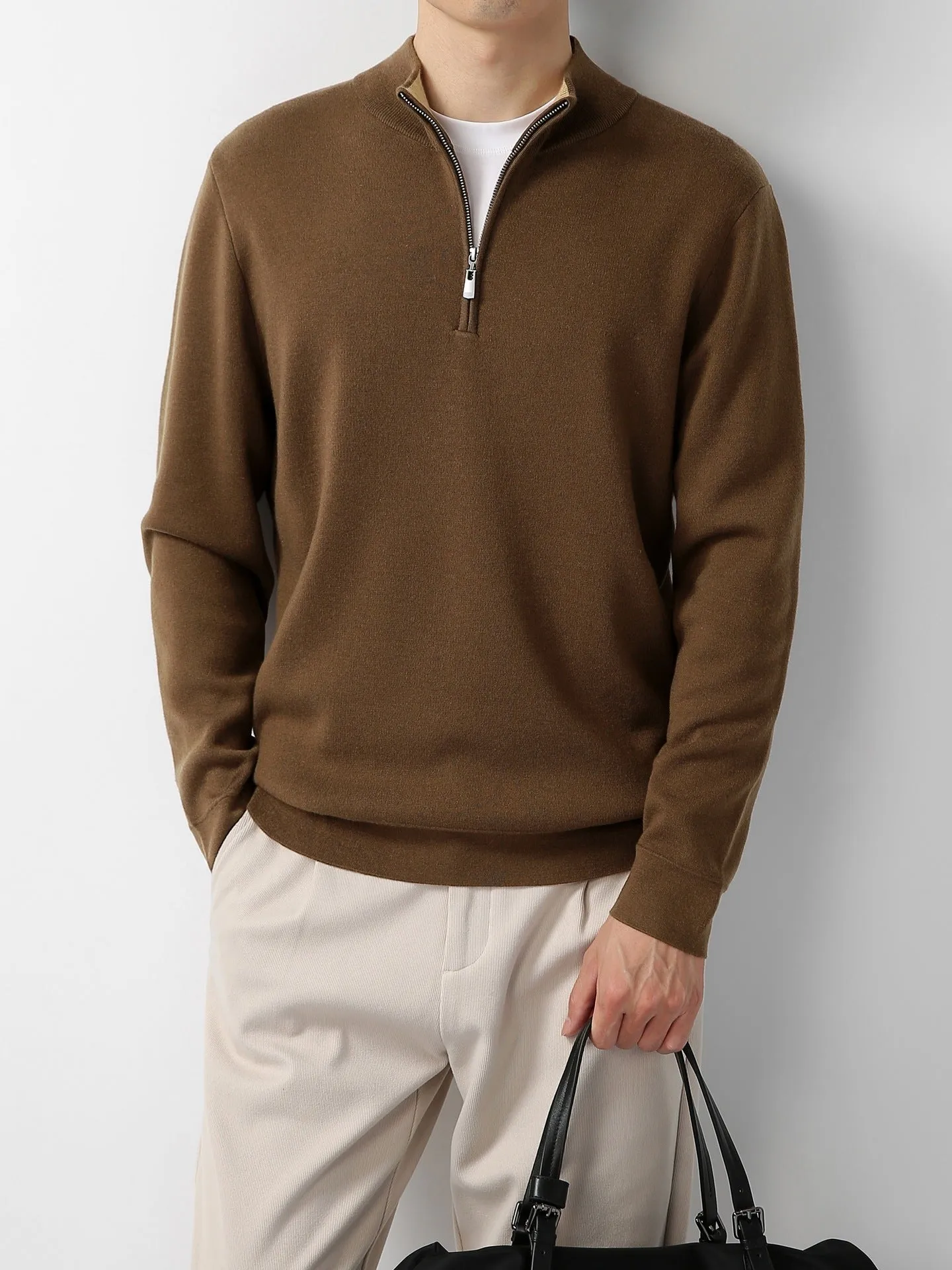 Men's merino wool zip stand collar sweater in light business style, machine washable, regular fit pullover