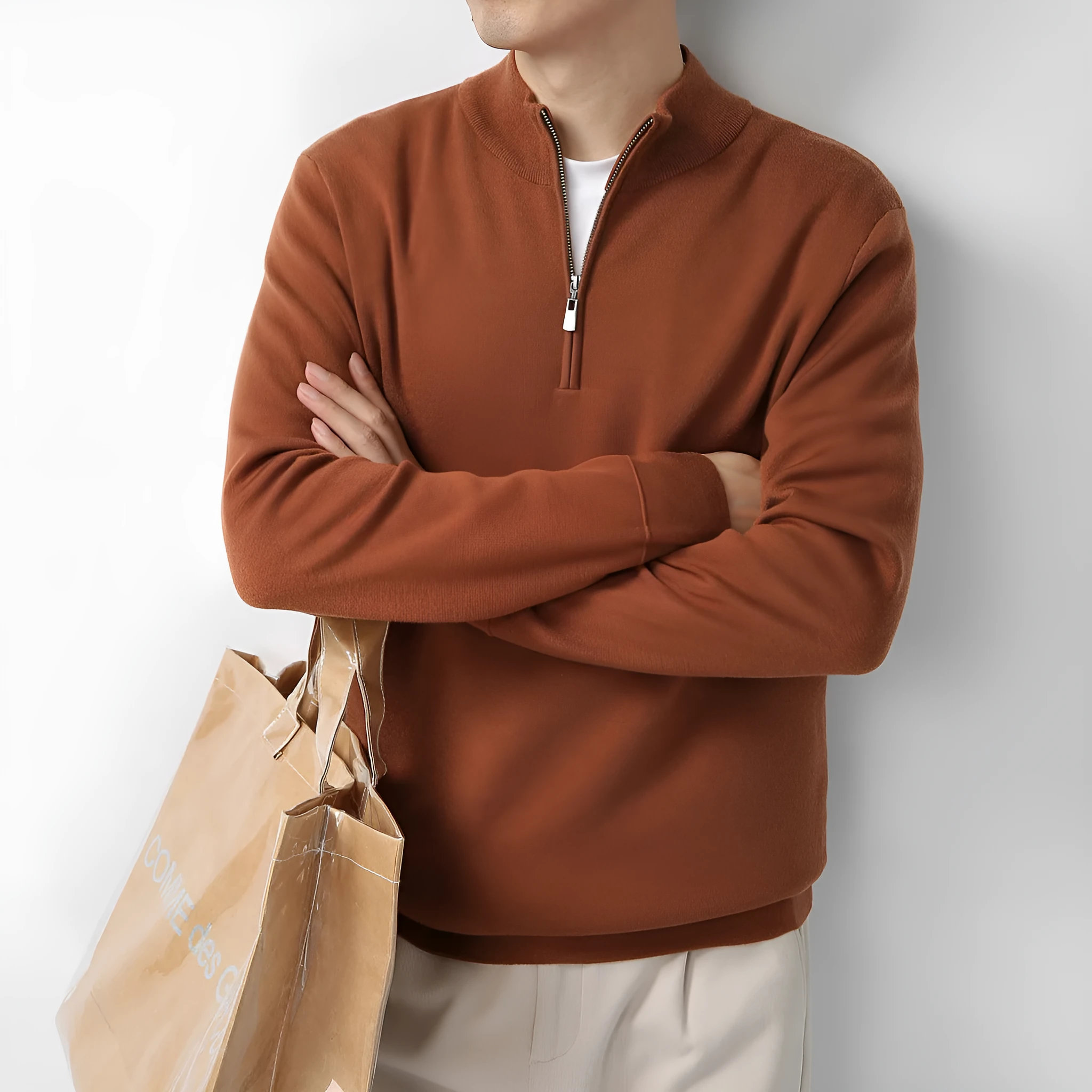 Men's merino wool zip stand collar sweater in light business style, machine washable, regular fit pullover