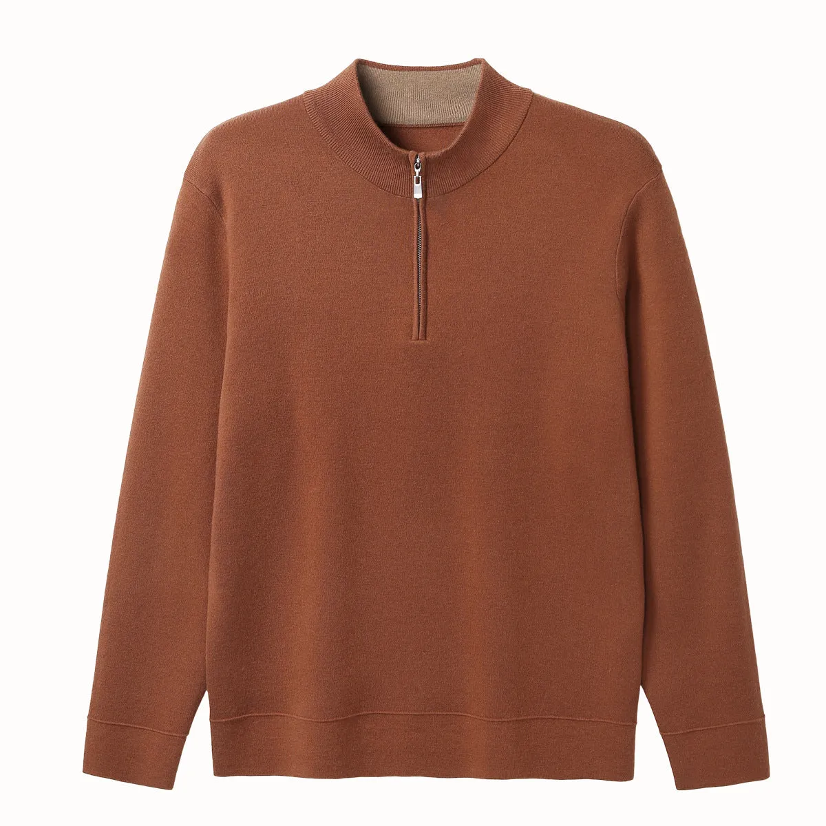 Men's merino wool zip stand collar sweater in light business style, machine washable, regular fit pullover