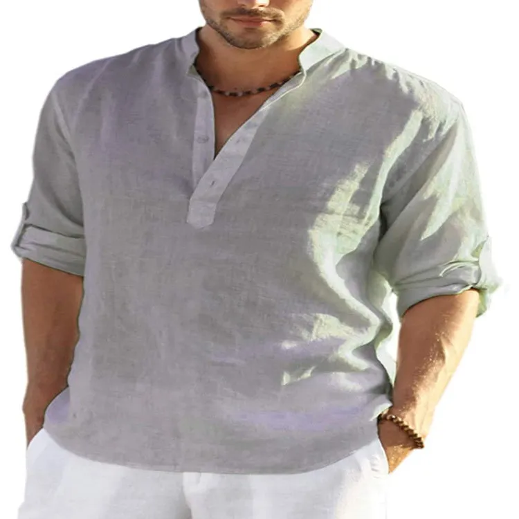 Men's solid colour long sleeve casual shirt in cotton linen fabric with a stand collar.