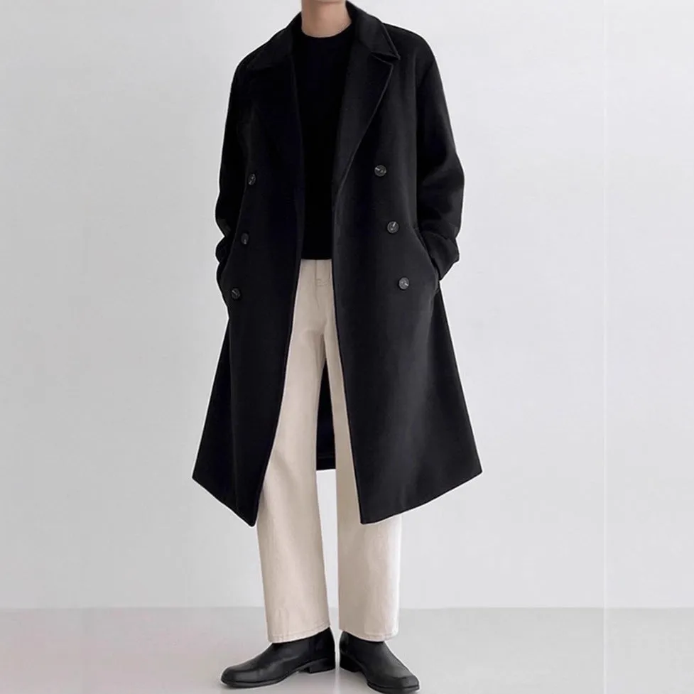 Men's thick loose wool overcoat in black, brown, and dark gray, polyester blend, sizes M-5XL