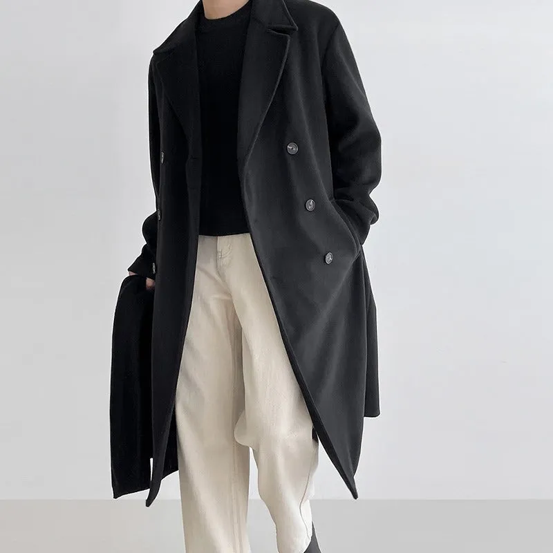 Men's thick loose wool overcoat in black, brown, and dark gray, polyester blend, sizes M-5XL