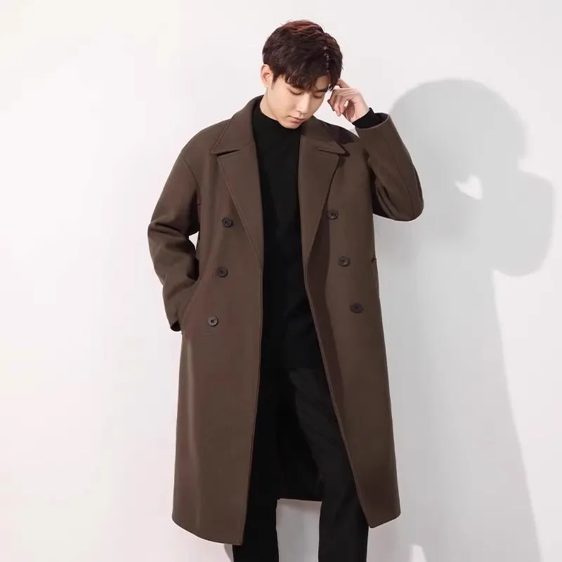 Men's thick loose wool overcoat in black, brown, and dark gray, polyester blend, sizes M-5XL