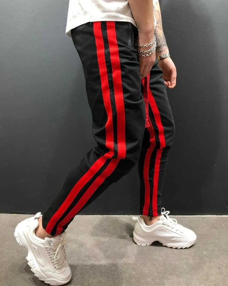 Men's cotton blended micro-elastic zipper casual trousers in black, tapered leg style