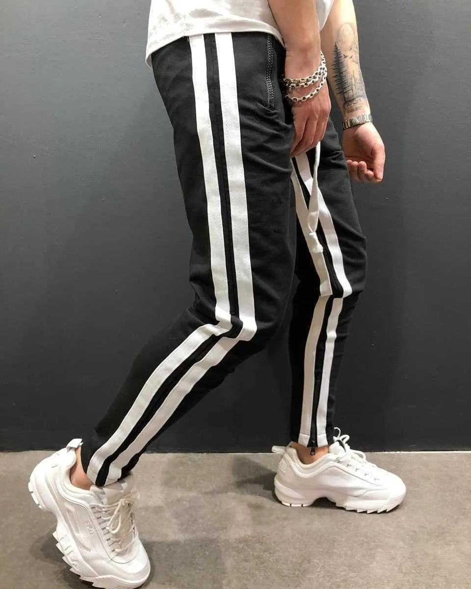 Men's cotton blended micro-elastic zipper casual trousers in black, tapered leg style