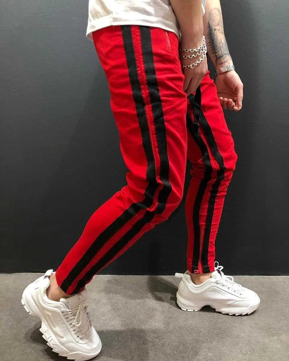 Men's cotton blended micro-elastic zipper casual trousers in black, tapered leg style