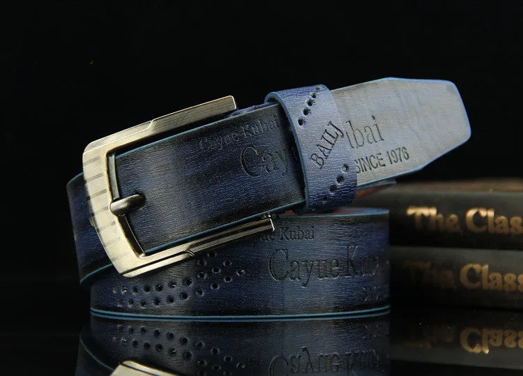 Men's retro hollow pin buckle belt with alloy D-shape buckle in brown, regular width 2-4cm