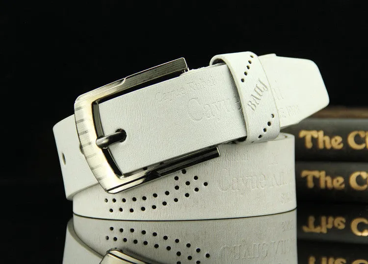 Men's retro hollow pin buckle belt with alloy D-shape buckle in brown, regular width 2-4cm