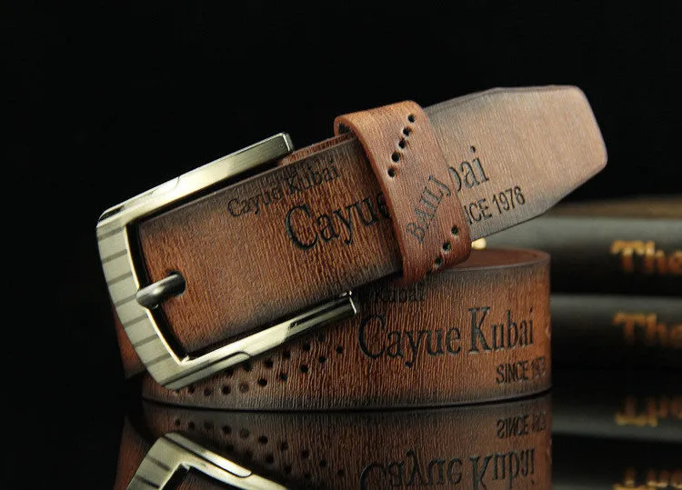 Men's retro hollow pin buckle belt with alloy D-shape buckle in brown, regular width 2-4cm