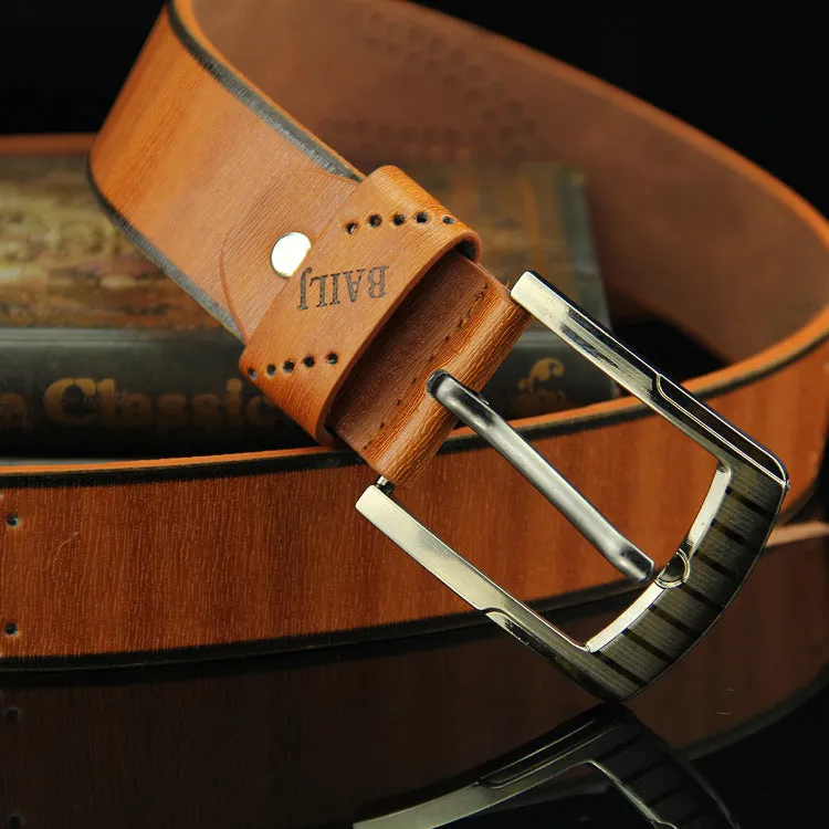 Men's retro hollow pin buckle belt with alloy D-shape buckle in brown, regular width 2-4cm