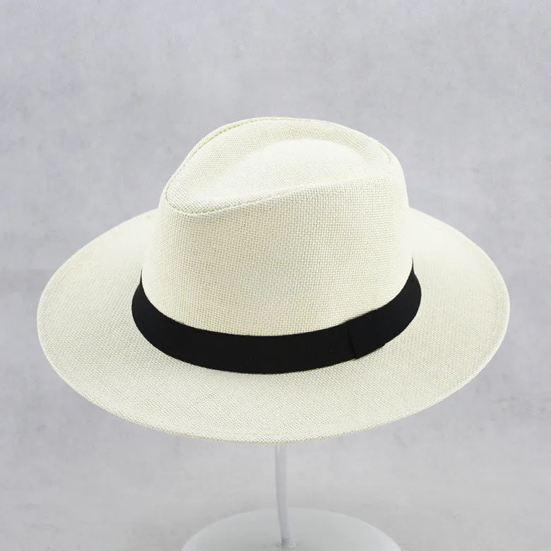 Men's khaki paper wide brim top hat with flat crown style for outdoor sun protection