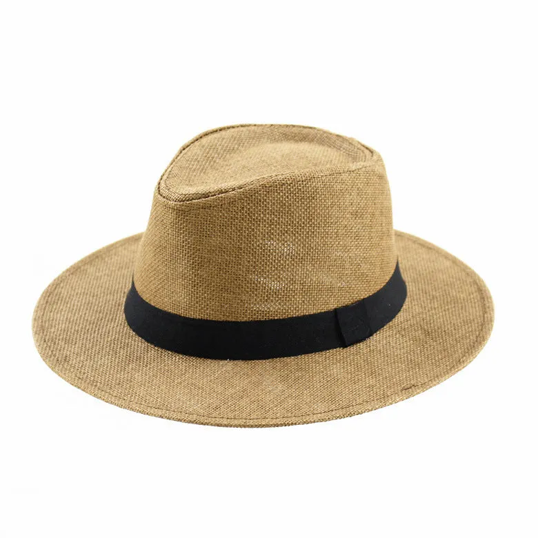 Men's khaki paper wide brim top hat with flat crown style for outdoor sun protection