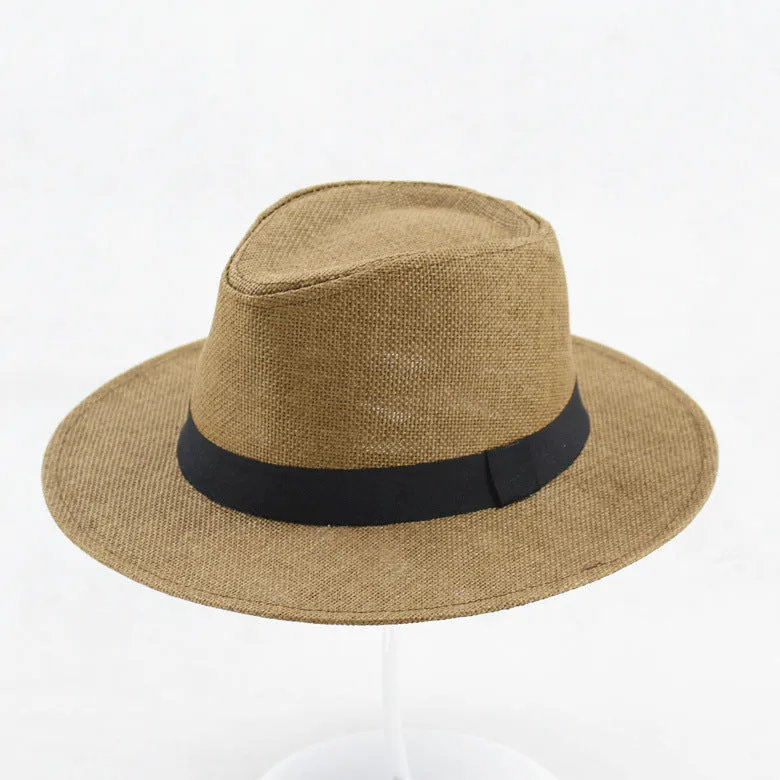 Men's khaki paper wide brim top hat with flat crown style for outdoor sun protection