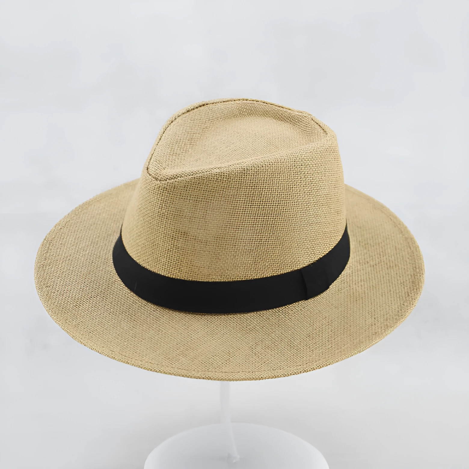 Men's khaki paper wide brim top hat with flat crown style for outdoor sun protection