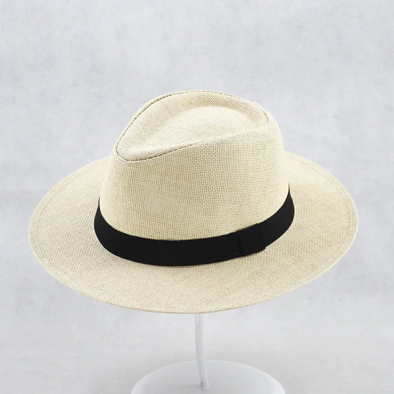 Men's khaki paper wide brim top hat with flat crown style for outdoor sun protection
