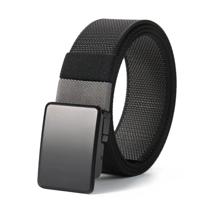 Rotating buckle double-sided nylon men's belt in army green and dark gray with alloy buckle, 125cm length