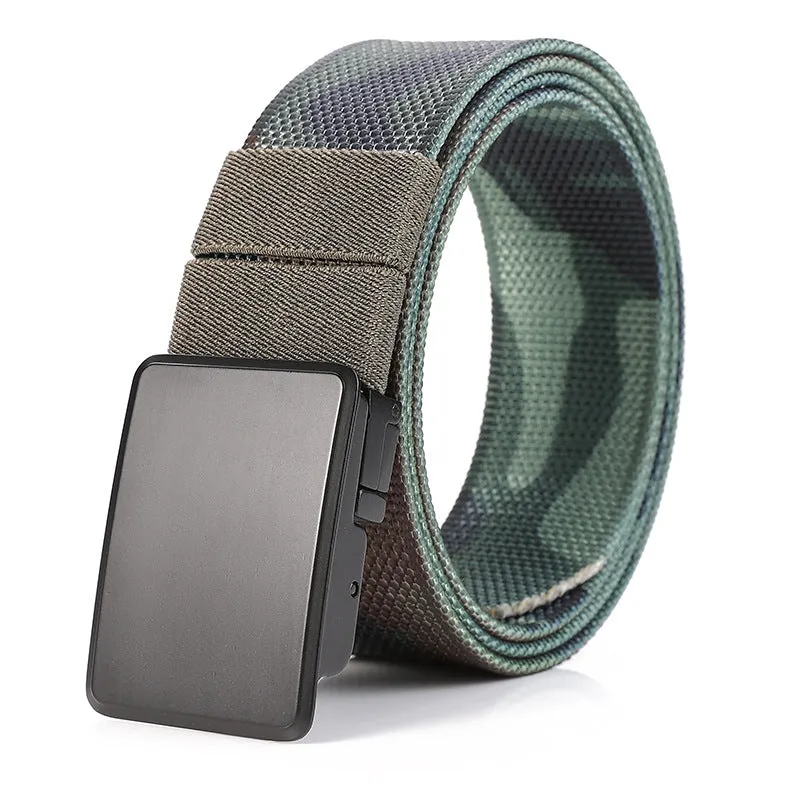 Rotating buckle double-sided nylon men's belt in army green and dark gray with alloy buckle, 125cm length