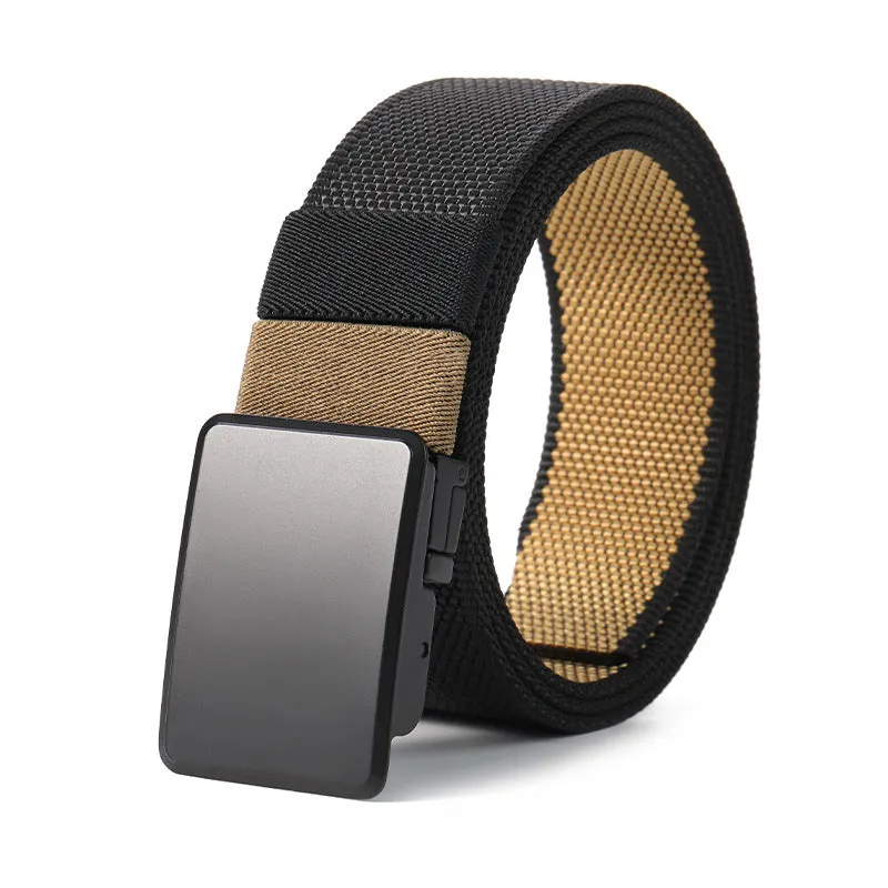 Rotating buckle double-sided nylon men's belt in army green and dark gray with alloy buckle, 125cm length