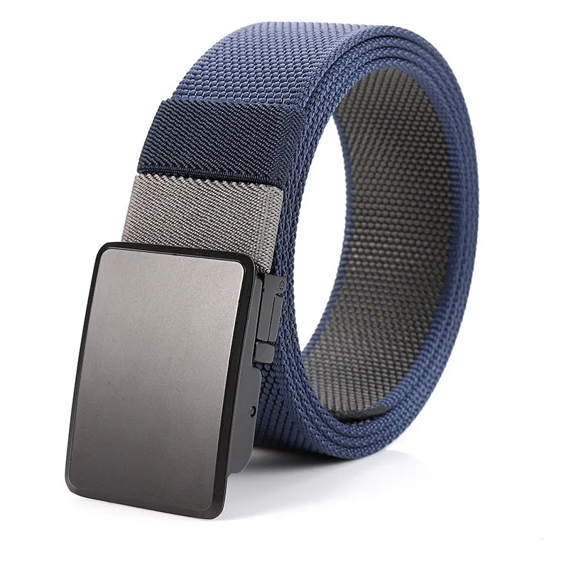 Rotating buckle double-sided nylon men's belt in army green and dark gray with alloy buckle, 125cm length