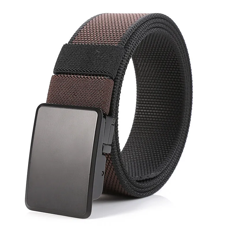 Rotating buckle double-sided nylon men's belt in army green and dark gray with alloy buckle, 125cm length