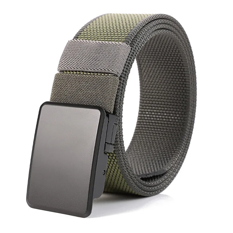 Rotating buckle double-sided nylon men's belt in army green and dark gray with alloy buckle, 125cm length