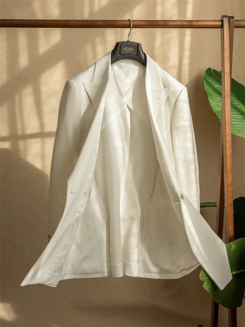 Men's half-lined seersucker blazer with two double-breasted buttons in milky white cyan