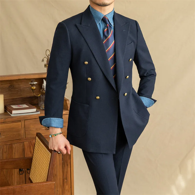Men's half-lined seersucker blazer with two double-breasted buttons in milky white cyan