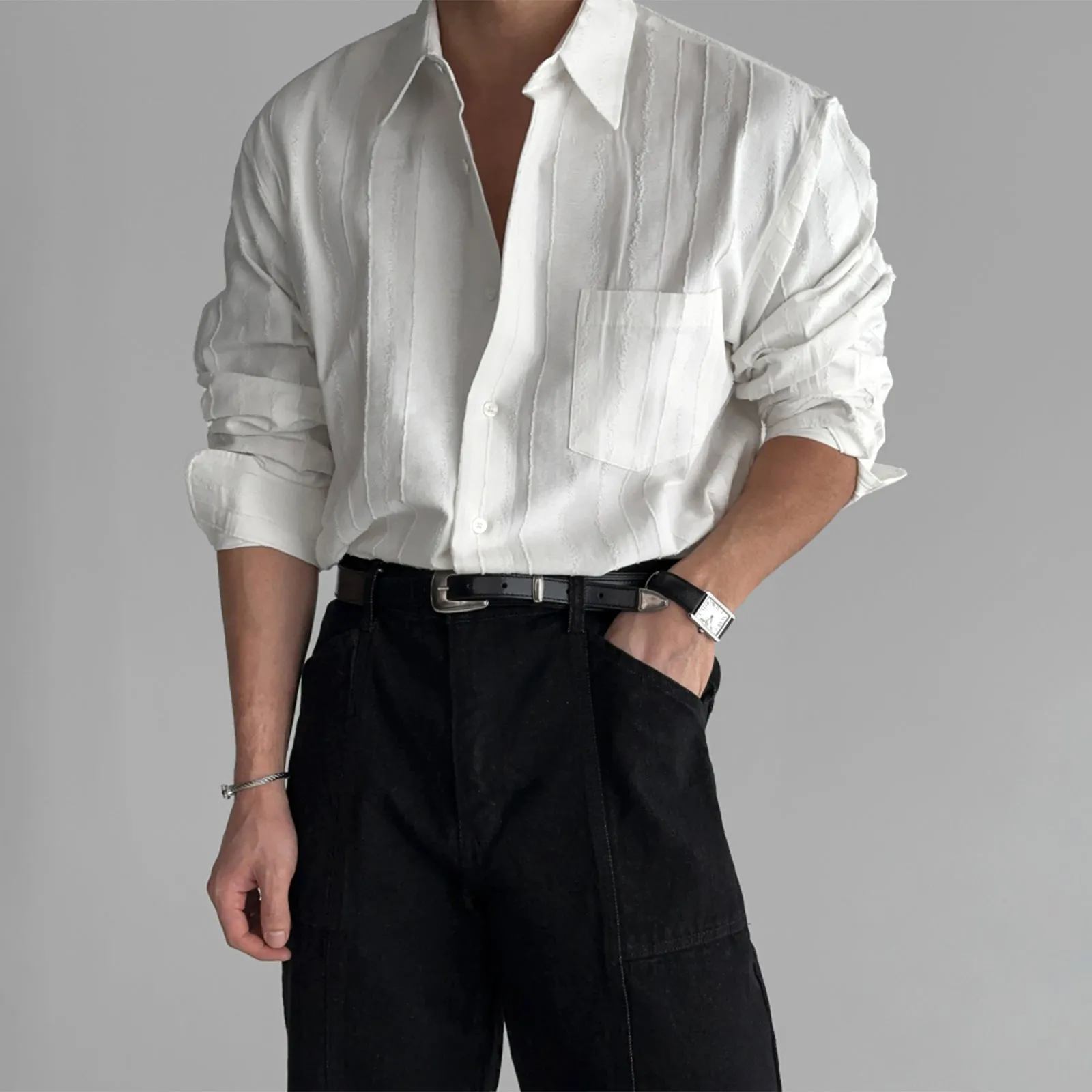 Casual long sleeve polyester shirt for teenagers in solid colour with wide textured finish and front pocket