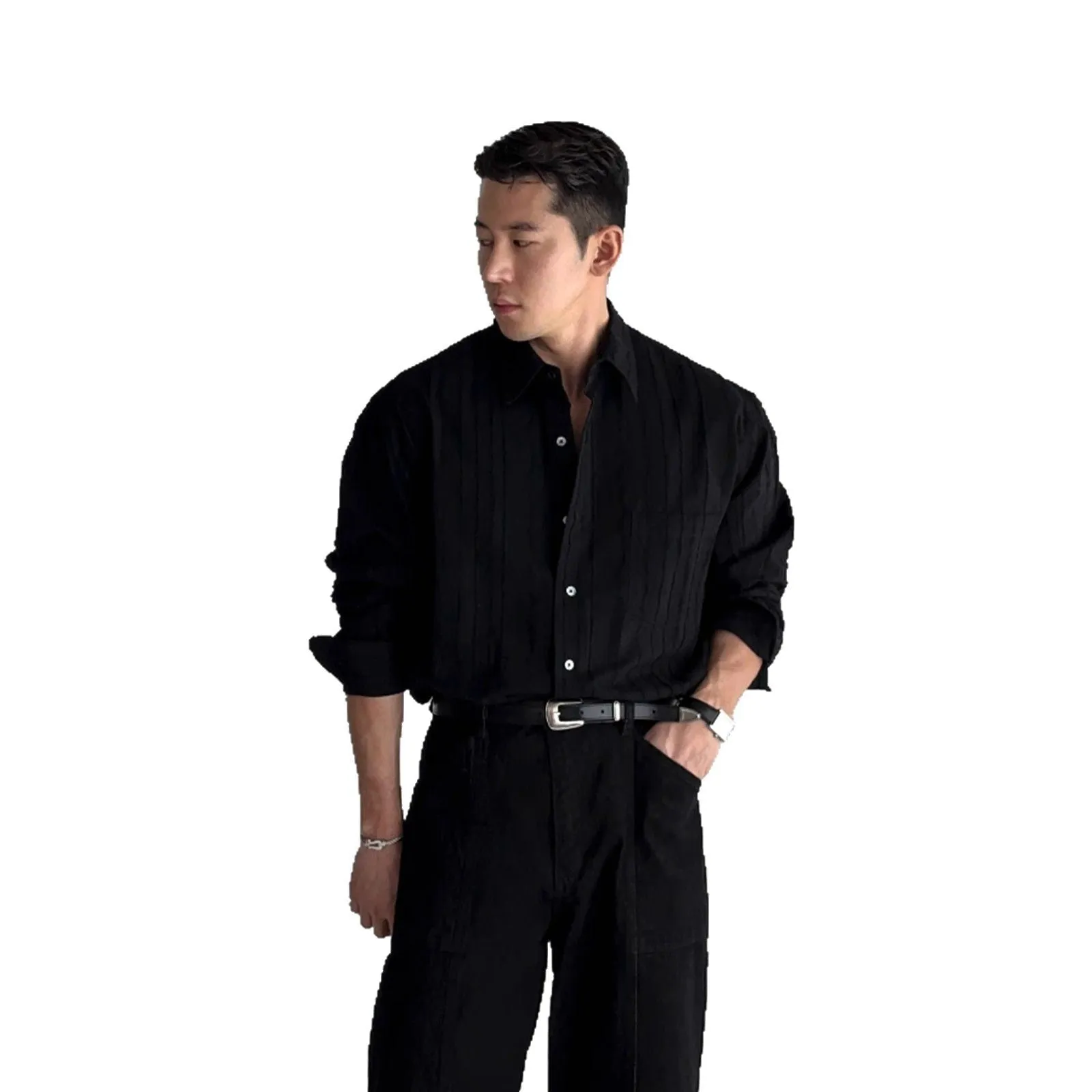 Casual long sleeve polyester shirt for teenagers in solid colour with wide textured finish and front pocket