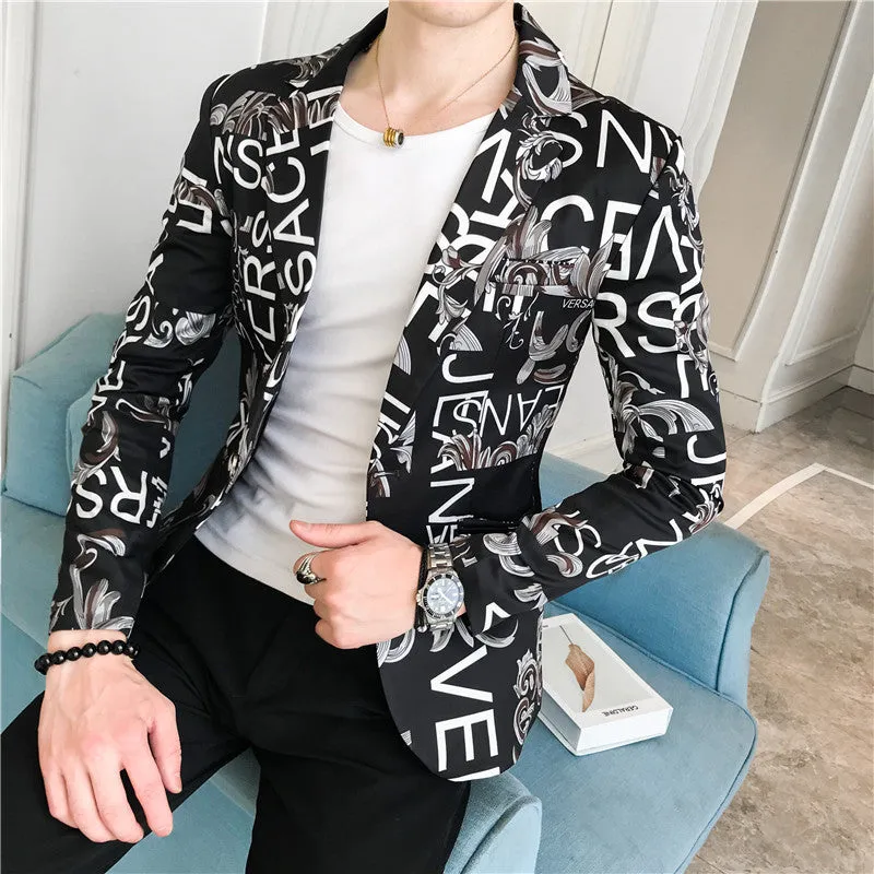 Men's Korean style chemical fibre blended suit with hidden pocket and round hem in black colour