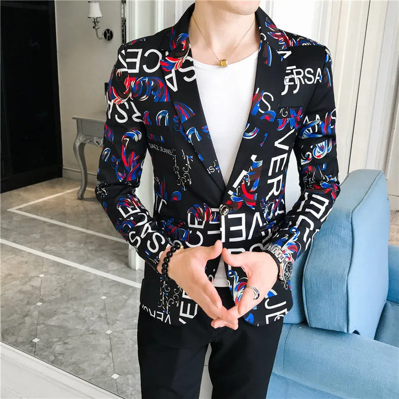 Men's Korean style chemical fibre blended suit with hidden pocket and round hem in black colour