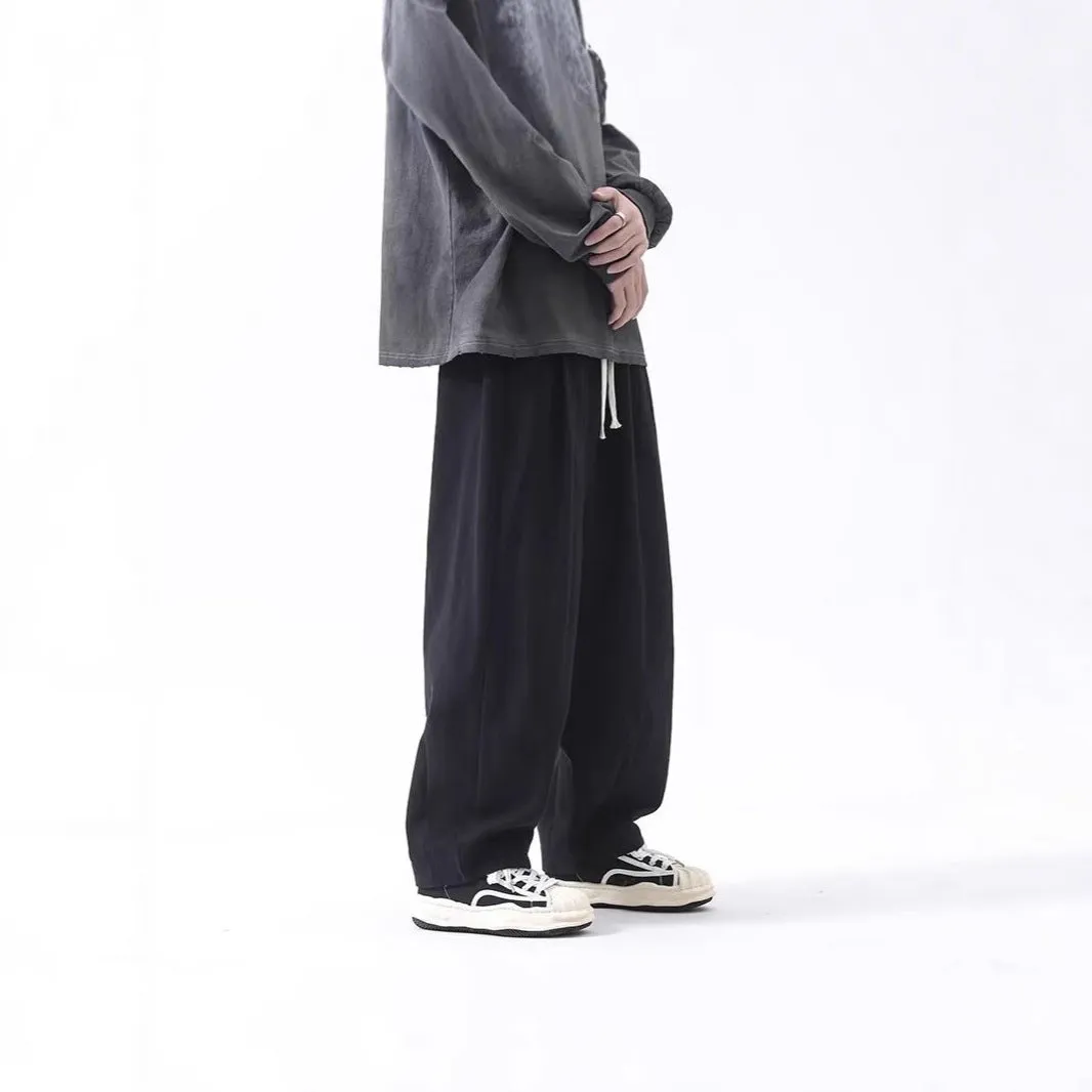 Cotton men's loose wide leg pants in black, straight leg cut with drawstring waist, mid-rise, size M to 8XL