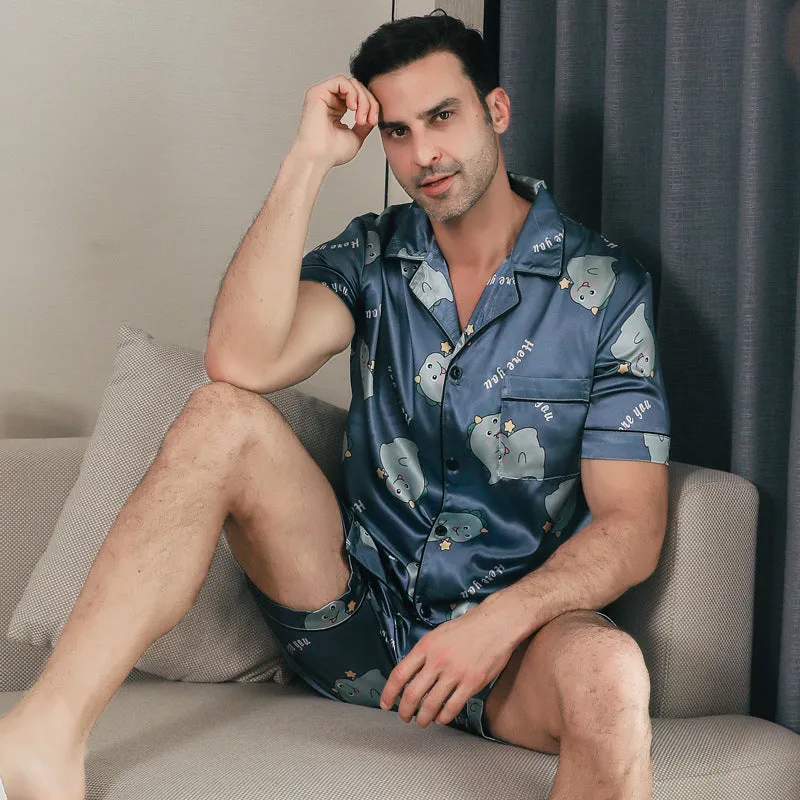 Men's ice silk short sleeve pyjama set in cardigan style on hanger
