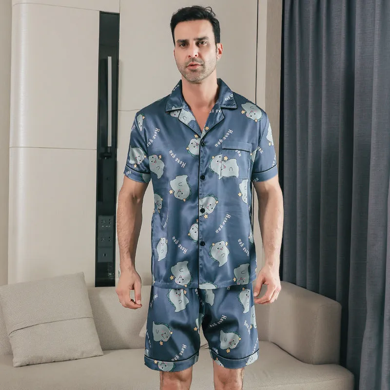 Men's ice silk short sleeve pyjama set in cardigan style on hanger