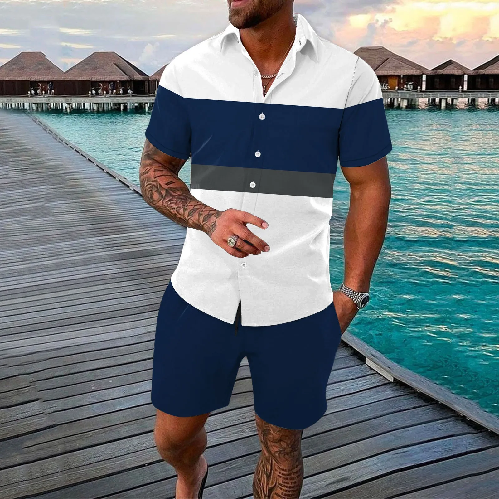 Men's summer colour block cardigan outfit two-piece set in polyester fabric available in multiple sizes