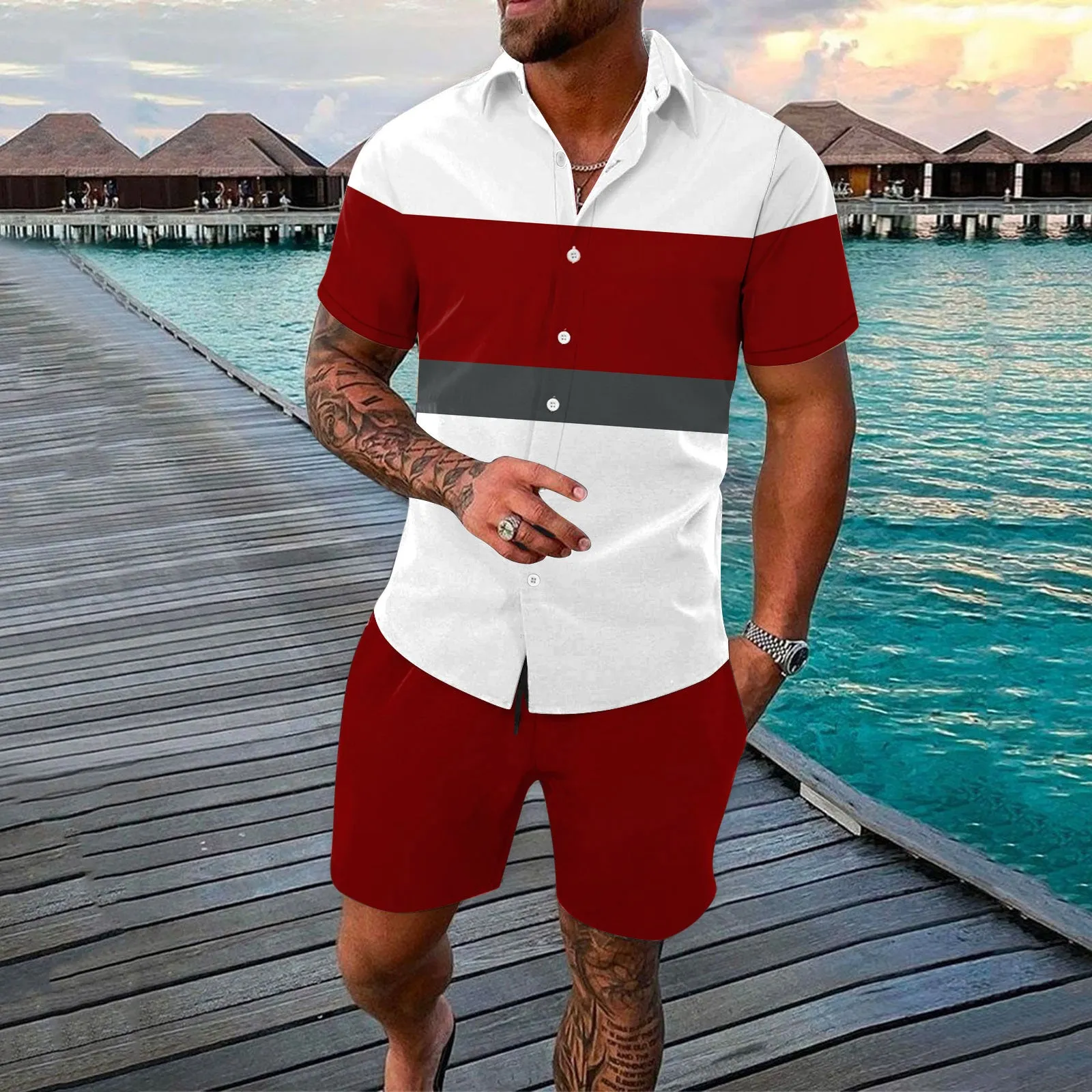 Men's summer colour block cardigan outfit two-piece set in polyester fabric available in multiple sizes