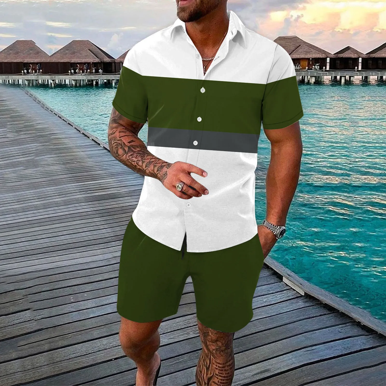 Men's summer colour block cardigan outfit two-piece set in polyester fabric available in multiple sizes