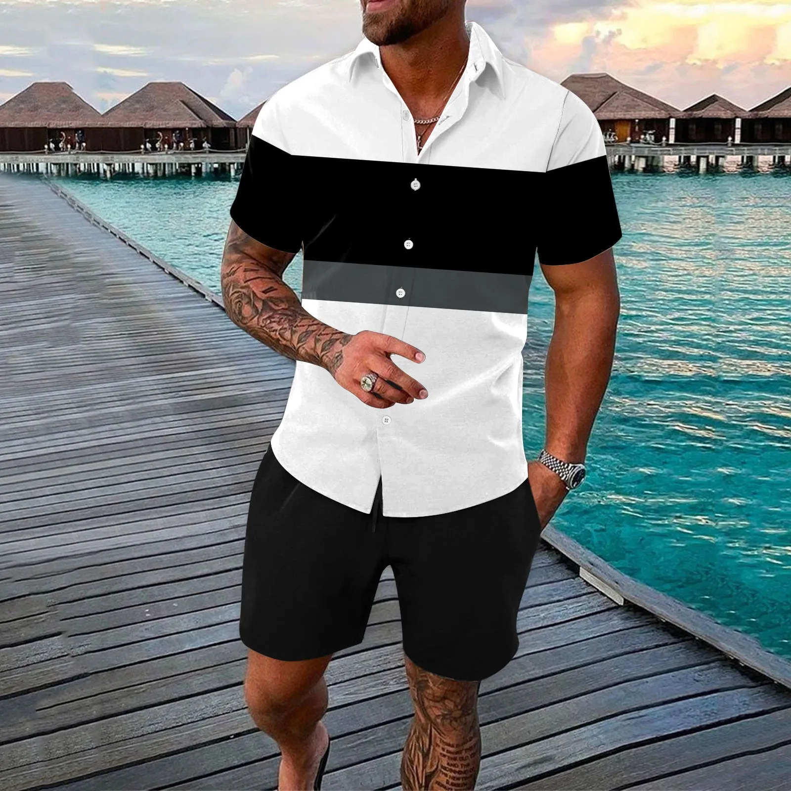 Men's summer colour block cardigan outfit two-piece set in polyester fabric available in multiple sizes