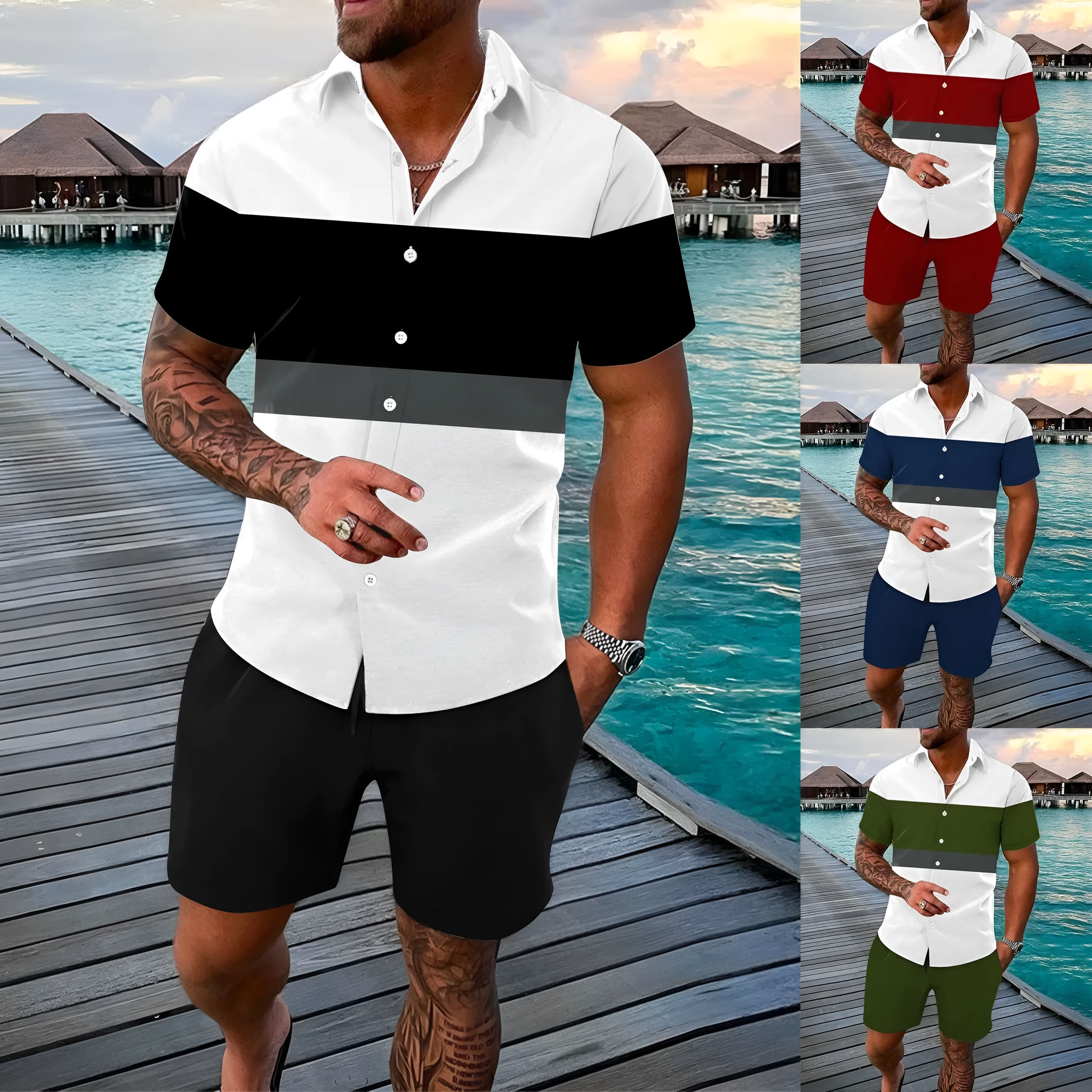 Men's summer colour block cardigan outfit two-piece set in polyester fabric available in multiple sizes