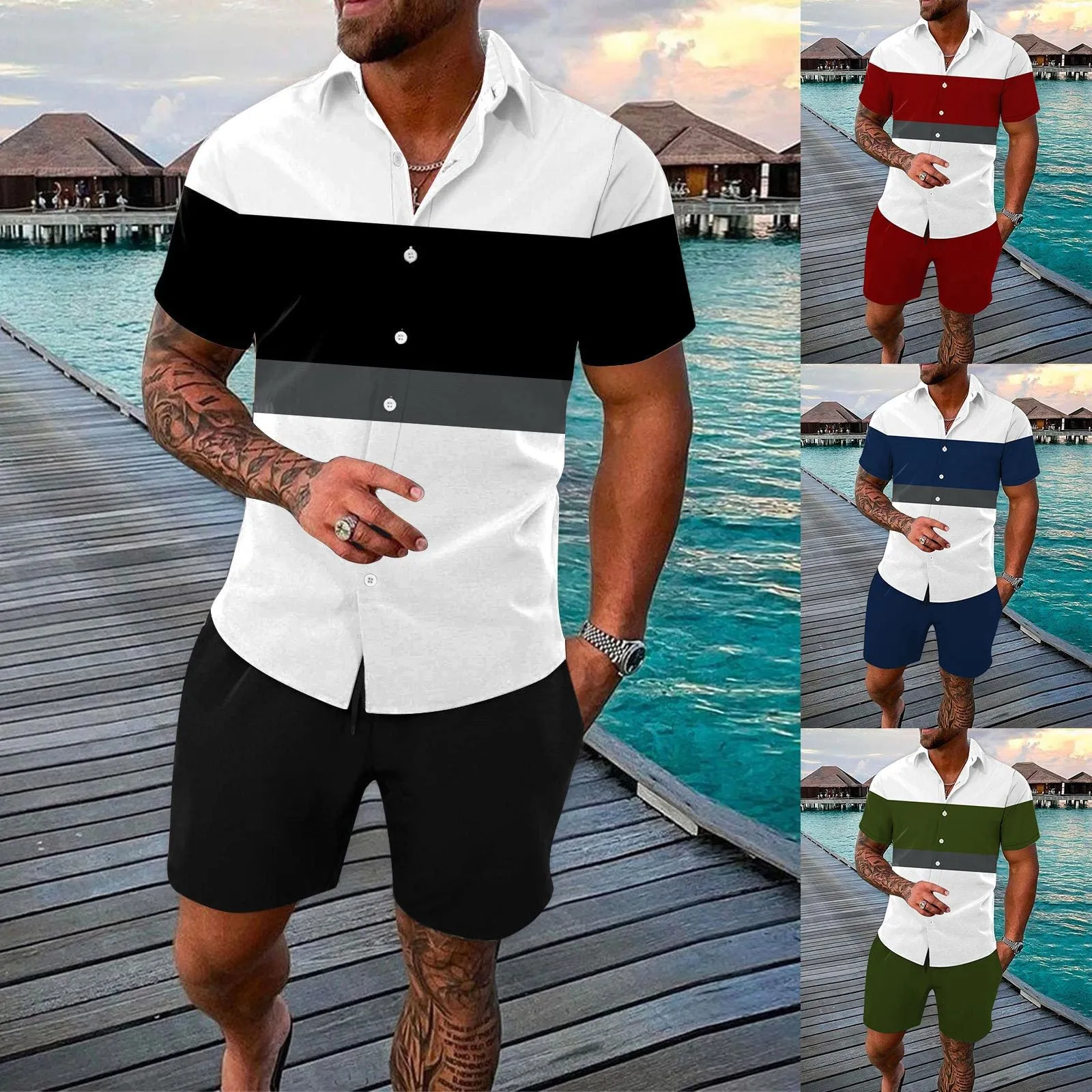 Men's summer colour block cardigan outfit two-piece set in polyester fabric available in multiple sizes