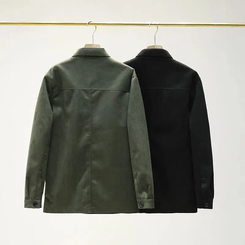 Men's loose fit long sleeve lapel collar shirt in black polyester fabric