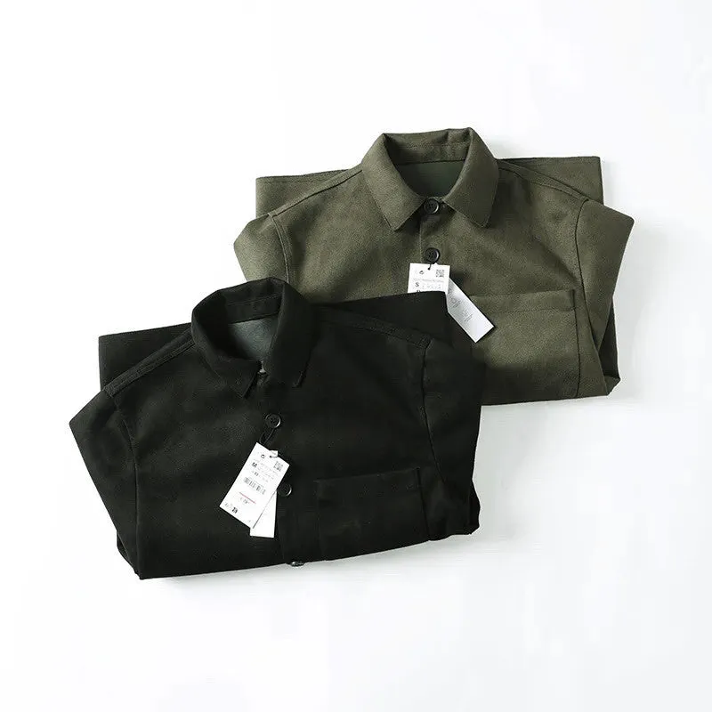 Men's loose fit long sleeve lapel collar shirt in black polyester fabric