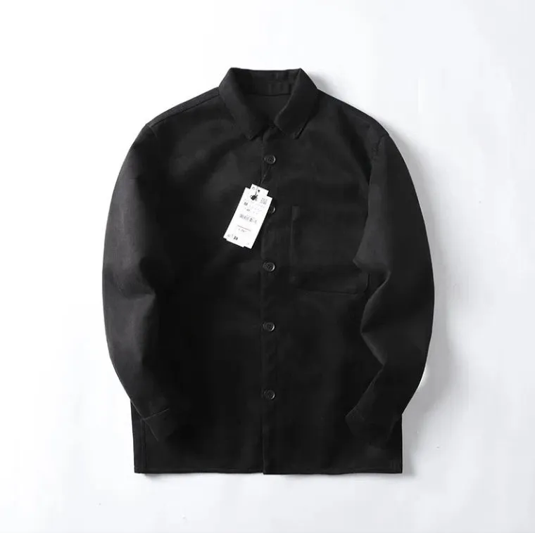 Men's loose fit long sleeve lapel collar shirt in black polyester fabric